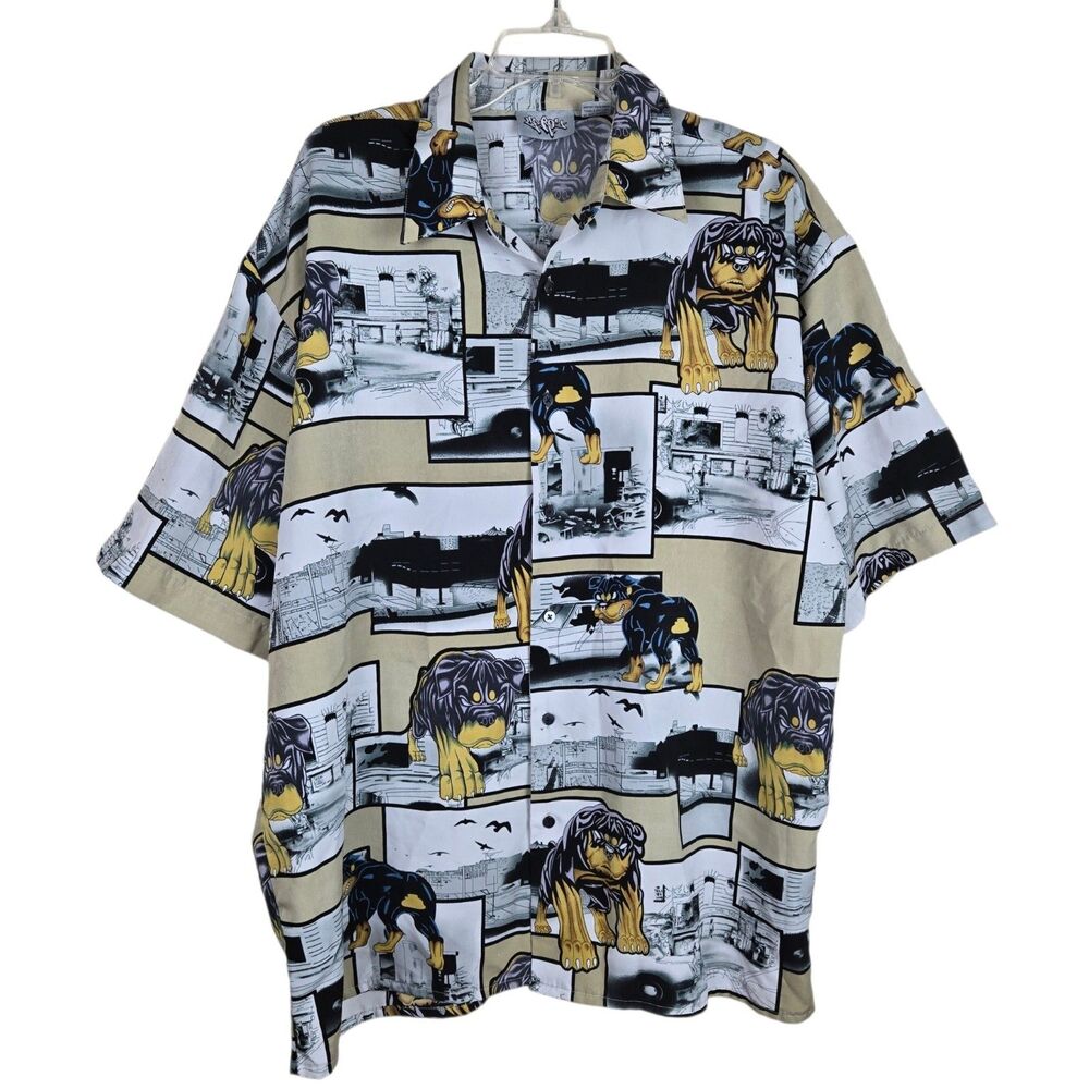 Up Ro's Junkyard Dog Rottweiler Button Shirt XL Retro Streetwear Urban Hip Hop